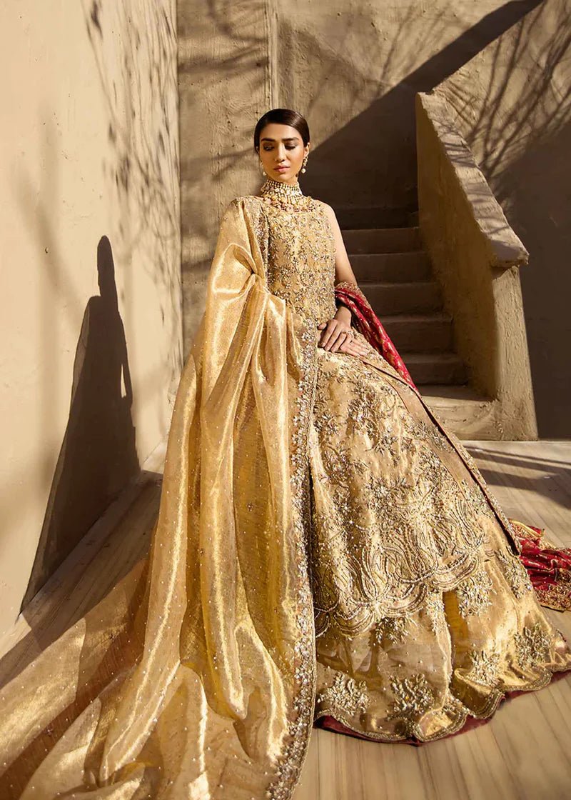 Gold Pakistani Bridal Dress in Gown and Lehenga With Red Dupatta