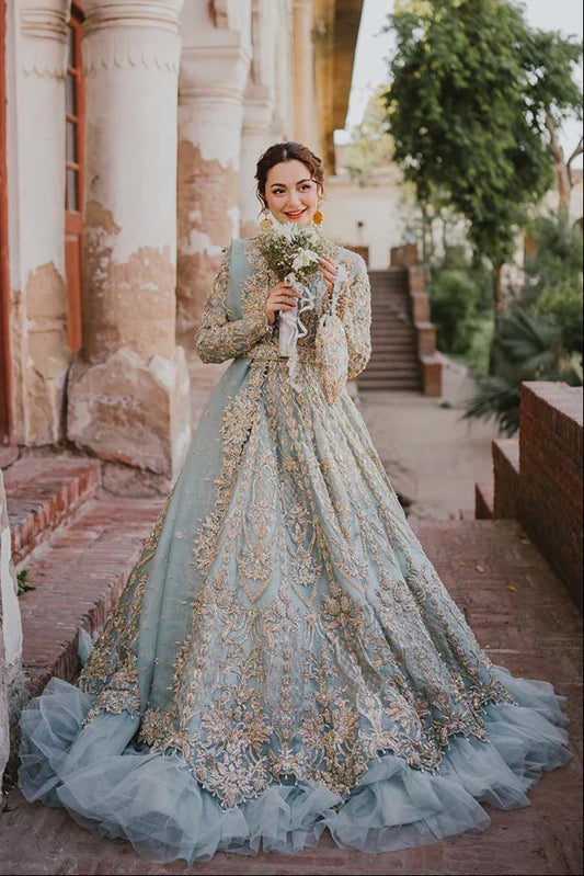BLUE WEDDING LEHENGA AND PISHWAS BRIDAL DRESS
