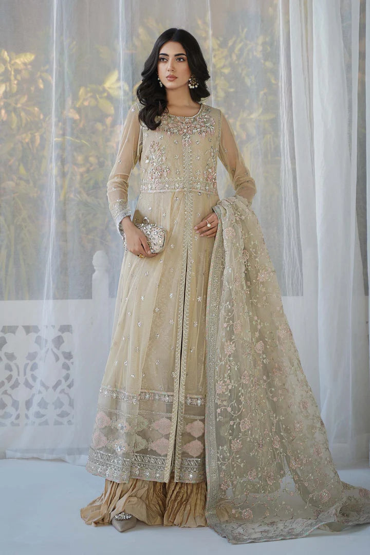 MARIA B SKIN SHADE EMBROIDERED PAKISTANI PARTY WEAR FROCK DRESS