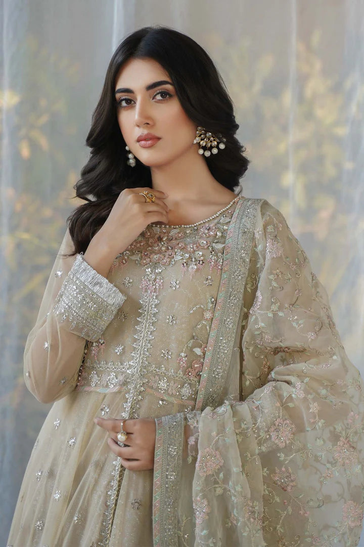 MARIA B SKIN SHADE EMBROIDERED PAKISTANI PARTY WEAR FROCK DRESS